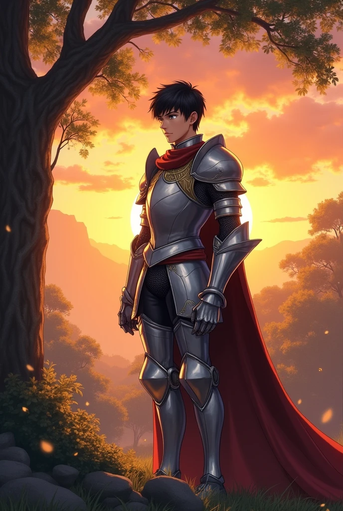 (Anime.1:2) Handsome young knight with silver armor and short black hair. Clive, sunset, tree,