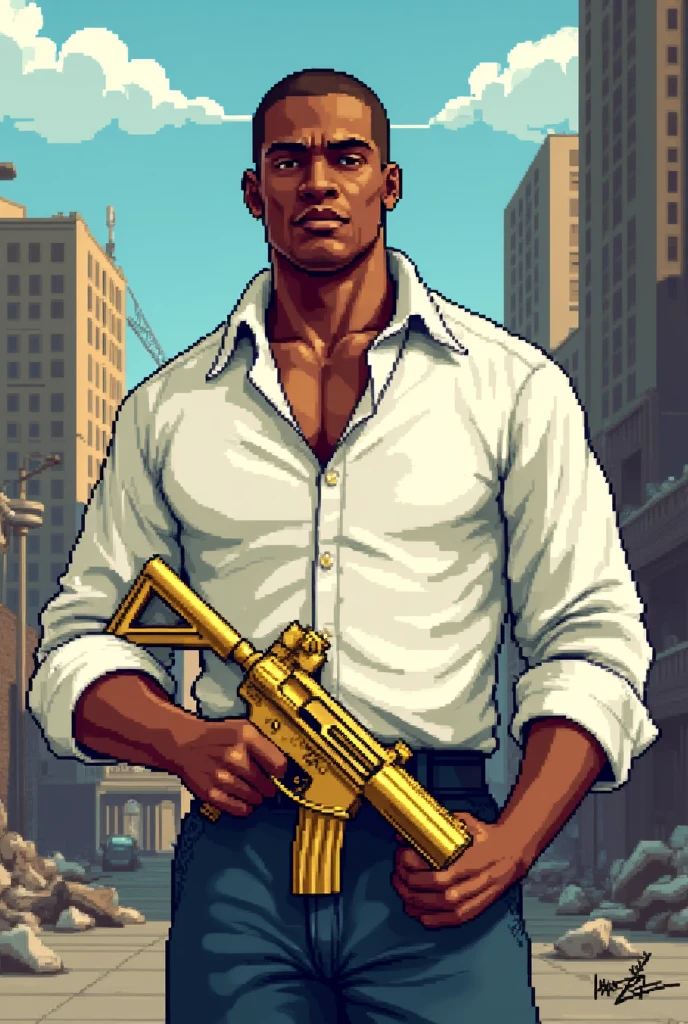 Create me CJ from GTA San Andreas with a white blouse with a golden gun and in the background a destroyed city in pixart