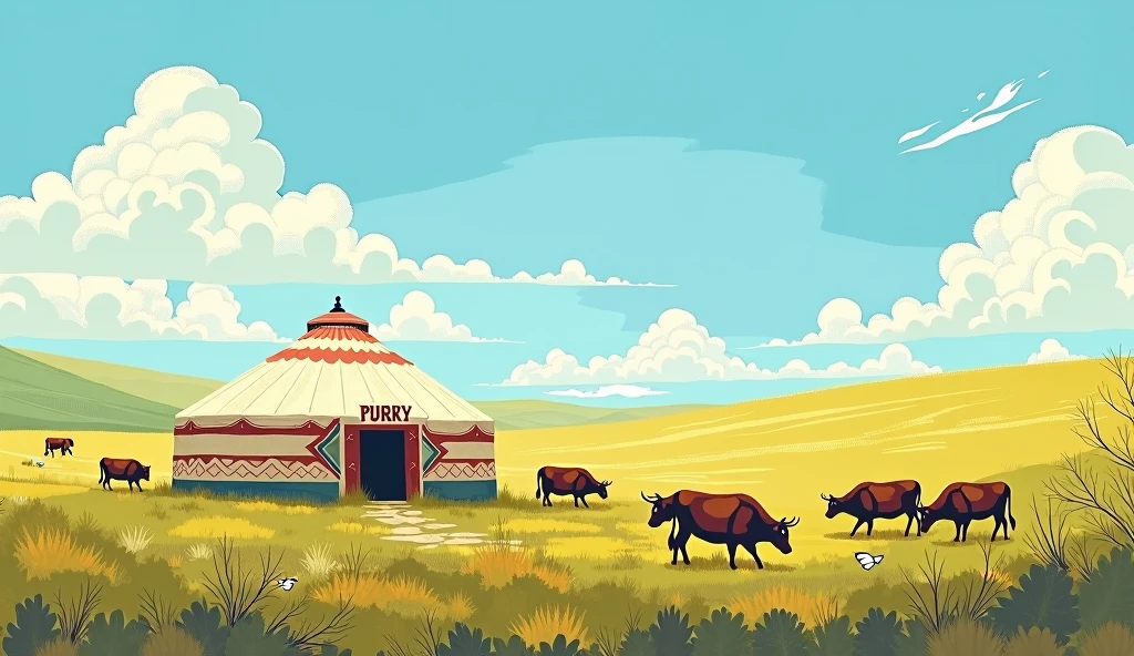 Blue sky、White Cloud、prairie、Yurt、Cattle，16:9 landscape screen，Illustration texture