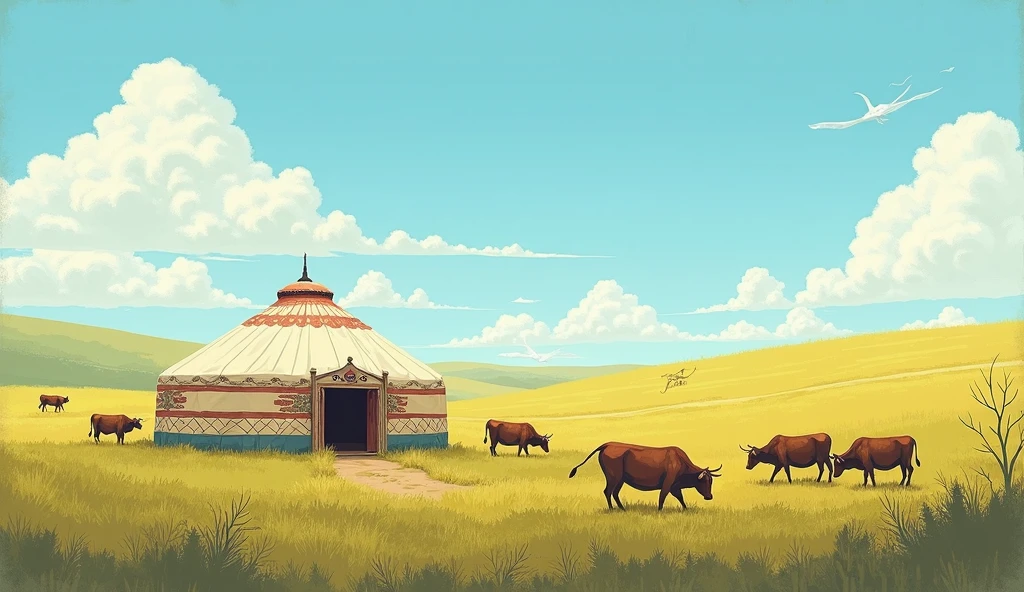 Blue sky、White Cloud、prairie、Yurt、Cattle,16:9 landscape screen,Illustration texture