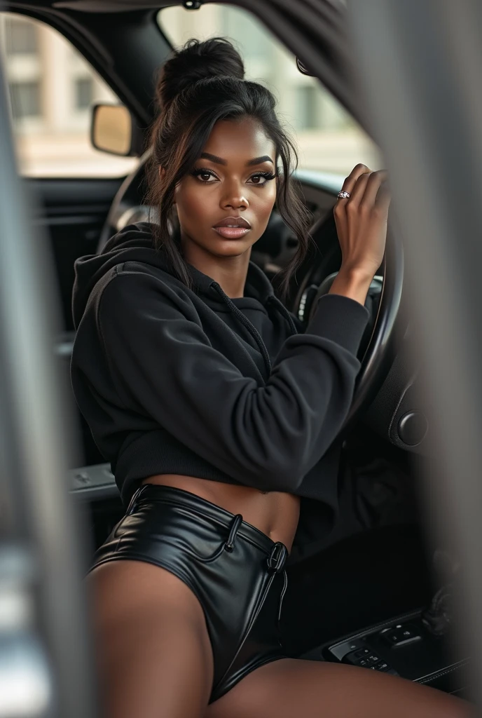 black woman hair in a bun black hoodie black leather short shorts setting in car in the drivers seat, camera under the steering wheel looking up at her