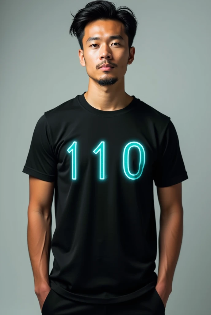 Black t-shirt with light turquoise details with numbers 1 and 0 and his name

