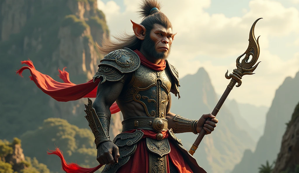 sun wukong, monkey with a stick, chinese warrior armor,  hyperrealistic, realistic renatosphere, epic 3D realism, best in wlop, kan liu, daz3d, trends in CGsociety, hyper-detailed realistic style, completo cosplay, by Ric Nagualero, album, hyung tae kim, 8k, irreal engine 5, film composition, hyper-detailed realistic portraits, 3D game art, CG Society, Fantasyart, hd art of season, realistic aesthetic, cinematic lighting, border light, smooth light, border light de filme, fine glow, ultradetailed, 8k, realistic use of light and color, cinematic light, rendered in cinema4d 500–1000 AD -- ar 3:4- Niji 6