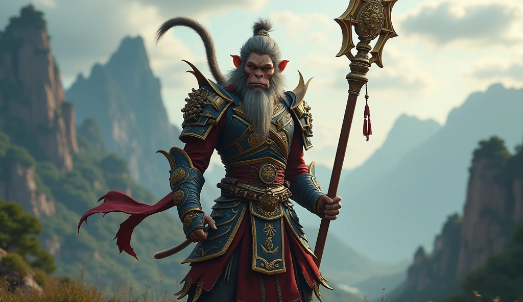 sun wukong, monkey with a stick, chinese warrior armor, hyperrealistic, realistic renatosphere, epic 3D realism, best in wlop, kan liu, daz3d, trends in CGsociety, hyper-detailed realistic style, completo cosplay, by Ric Nagualero, album, hyung tae kim, 8k, irreal engine 5, film composition, hyper-detailed realistic portraits, 3D game art, CG Society, Fantasyart, hd art of season, realistic aesthetic, cinematic lighting, border light, smooth light, border light de filme, fine glow, ultradetailed, 8k, realistic use of light and color, cinematic light, rendered in cinema4d 500–1000 AD -- ar 3:4- Niji 6