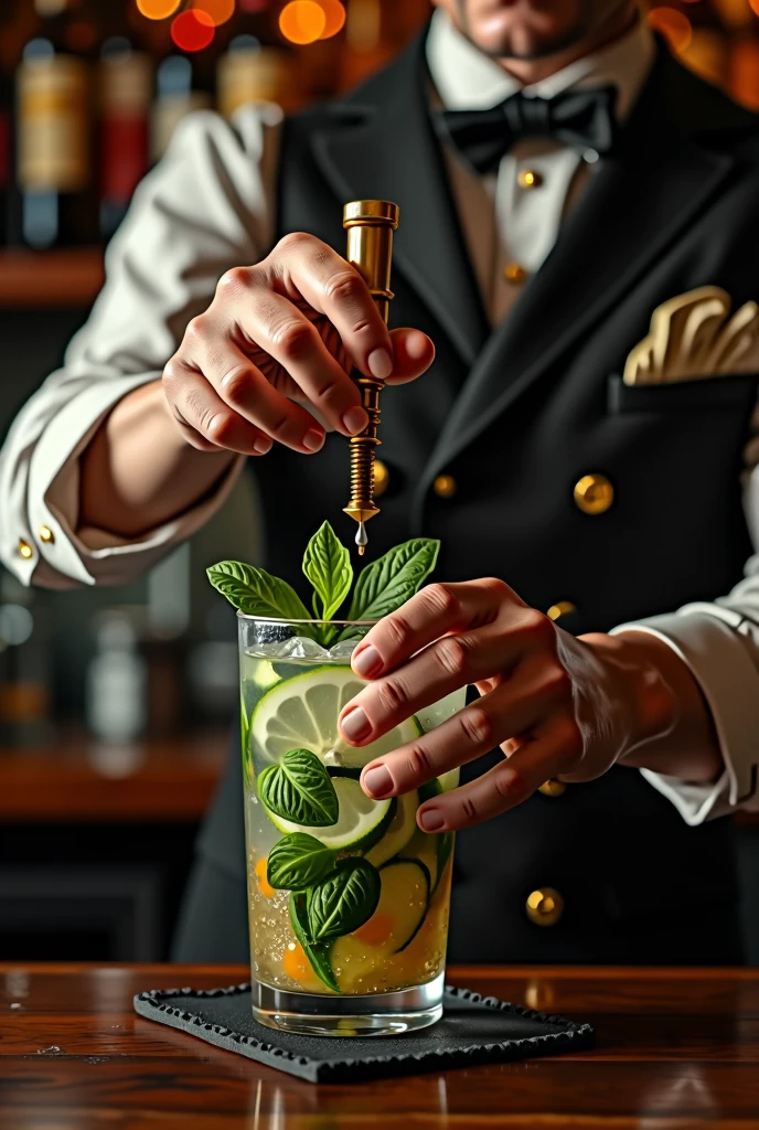 Authentic BAR,( The bartender&#39;s right thumb was amputated at the second knuckle.), steampunk，1800&#39;s Mojito, Spectacular landscapes, , Extremely precise movements, A sublime and delicate work, Cocktail,  masterpiece, 8k, high quality, Hands are a key element in the scene, The hands are very realistic and sharp，I don't draw my face，Wine Bottle Background、Dark interior