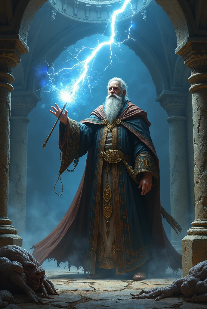 A wizard shooting a blast of lightning from his wand, the lightning blast hits a goblin, in the middle of a dungeon, RPG, fancy