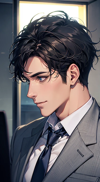 (Highest quality,4K,8K,High resolution,masterpiece:1.2),Super detailed,(Realistic,photoRealistic,photo-Realistic:1.37),1 personld,Mature Man,Beautiful skin、Profile、very handsome,Expressionless,smile,Short gray black hair,blue eyes,Sharp Eyes,A perfect face without a doubt,Businessman,Office Background,Cinema Lighting,HDR image,tie.