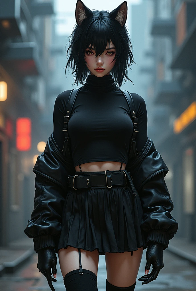 dark techno,cyberpunk,She had black hair in a wolf cut.,With bangs,Half-tired brown eyes,A short black skirt and a tight black long sleeve blouse,Wearing leg warmers,Black sneakers.