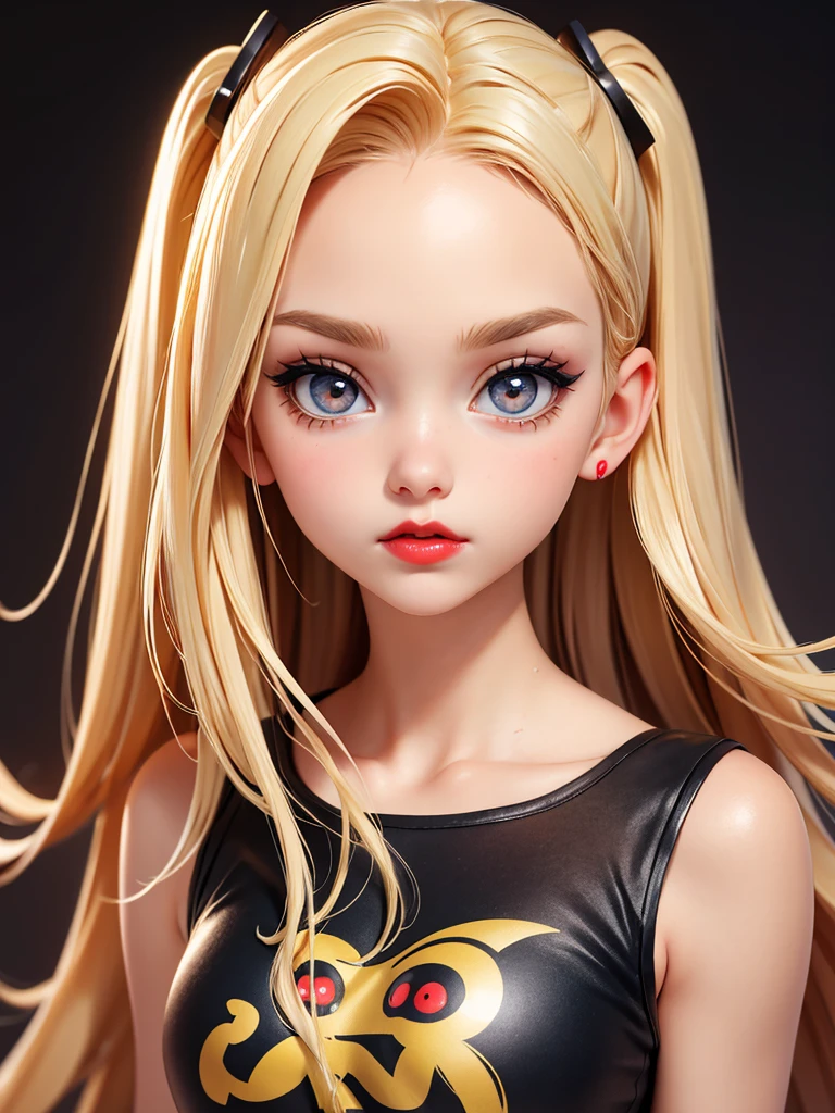 Surreal American Teen, blonde, a bit, perfect Small body, sexy, Heavy makeup, Perfect slim face, Big Red Lips, Very cute face, , Big eyes, looks young, Mature appearance, a bit few clothes
