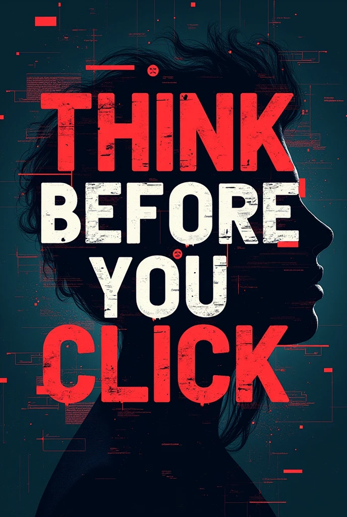 create a poster slogan with a word of “ THINK BEFORE YOU CLICK” background is media 