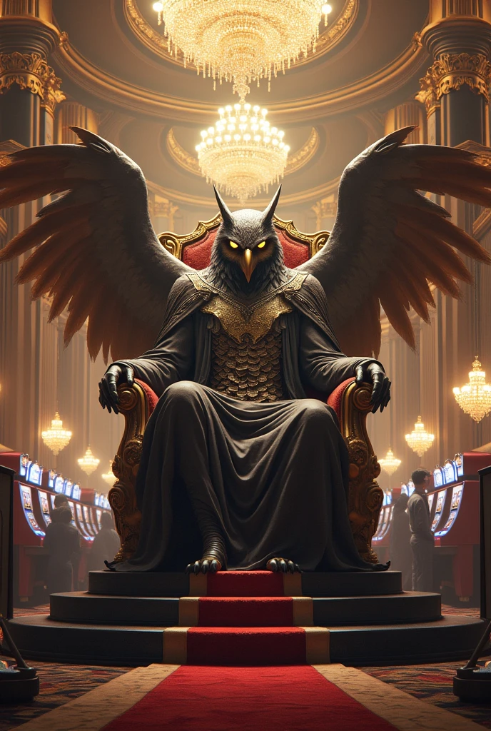 Owlman in a giant casino sitting on a throne 8k