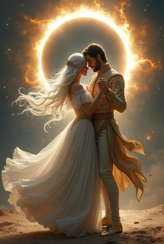 draw, princess white long hair and silver dress, man prince golden clothes, dancing, eclipse solar