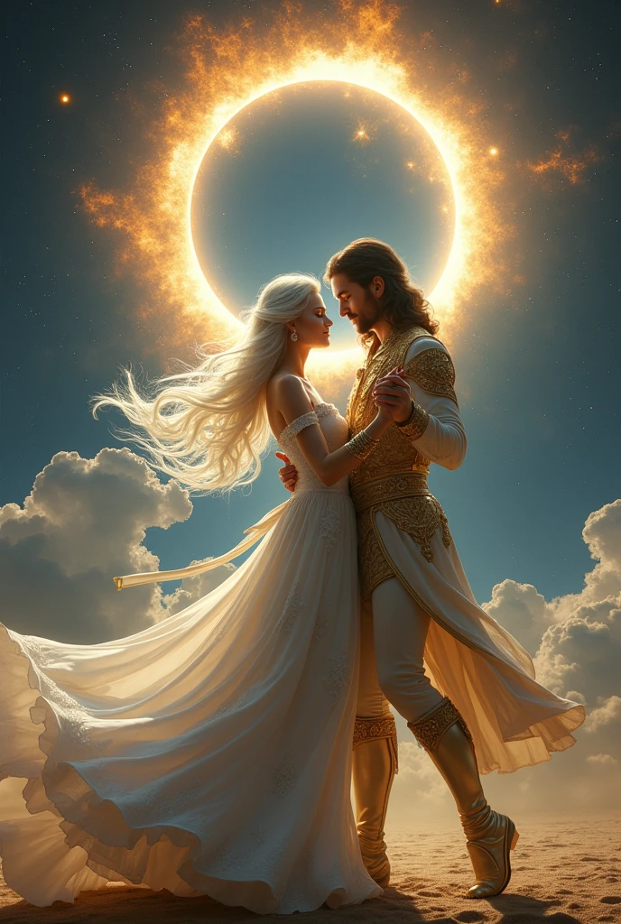 draw, princess white long hair and silver dress, man prince golden clothes, dancing, eclipse solar