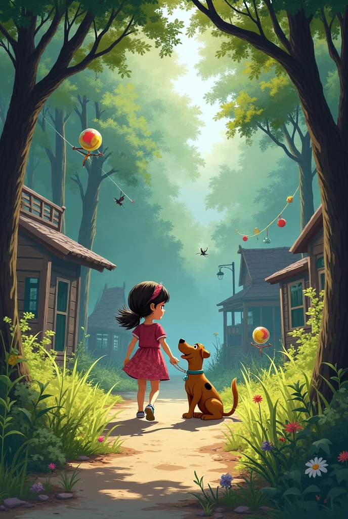 create images for each of the pages of the written book, they need to look like lines and painting done by a child Title: Sophia and Scooby in the Mystery Park**
**Page 1**
Once upon a time there was a call **Sophia**, who lived in a quiet and beautiful neighborhood. She had a loyal and playful dog named **Scooby**. The two were inseparable and loved to go out together..
**Page 2**
in a sunny day, Sophia and Scooby were walking around the neighborhood. Scooby, all animated, spotted another puppy across the street. In the blink of an eye, he escaped from the leash and ran towards his new friend.
**Page 3**
Sophia was desperate! "Scooby, come back here!" She screamed, running after your dog. Scooby kept running until he stopped in front of a very strange place.: an abandoned amusement park.
**Page 4**
Curious onlookers, Sophia and Scooby decided to enter the park. The place was dirty, full of cobwebs and broken toys. "What a shame... this park must have been so much fun!" Sophia thought out loud.
**Page 5**
Sophia then had a brilliant idea. "What if we cleaned and fixed the park?? Thus, the neighborhood children could play here again!" Scooby abanou o rabo, agreeing enthusiastically.
**Page 6**
But what Sophia and Scooby didn't know was that the park was haunted.! Thus que começaram a limpeza, Strange things began to happen. The toys turned on by themselves and made scary noises.
**Page 7**
even though I'm scared, Sophia and Scooby continued to work. They were so tired that they ended up falling asleep on one of the park benches..
**Page 8**
Suddenly, Sophia woke up startled by the sound of footsteps. She heard a mysterious voice whispering her name: "Sophia... Sophia..." She looked around and realized that Scooby was no longer by her side.!
**Page 9**
"Scooby, where are you?" shouted Sophia, as I ran through the dark and spooky park. She heard a distant bark.