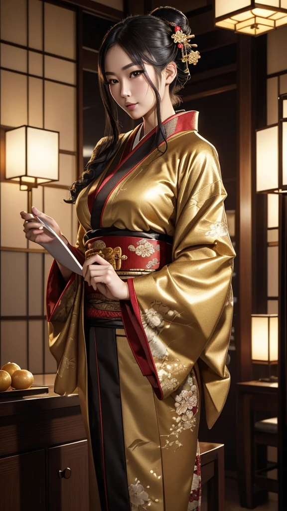 ((masterpiece(:1.4)，Highest quality，Ultra-high resolution，Highest quality，8k，Very detailed，In detail))。night，Japanese，(Beautiful woman)，slim，Large Breasts(1.6)，sexy，glamorous，Golden Ratio Style，Perfect Style，Flashy gal makeup，Red Light District，Bedroom，Oiran，Prostitute，Sunny day clothes，uchikake，Gold brocade，((Gorgeous kimono))，Tie the cutting board belt in front，Tying up hair，hairpin，hair ornaments，Gorgeous costumes，Beautiful standing posture，before，