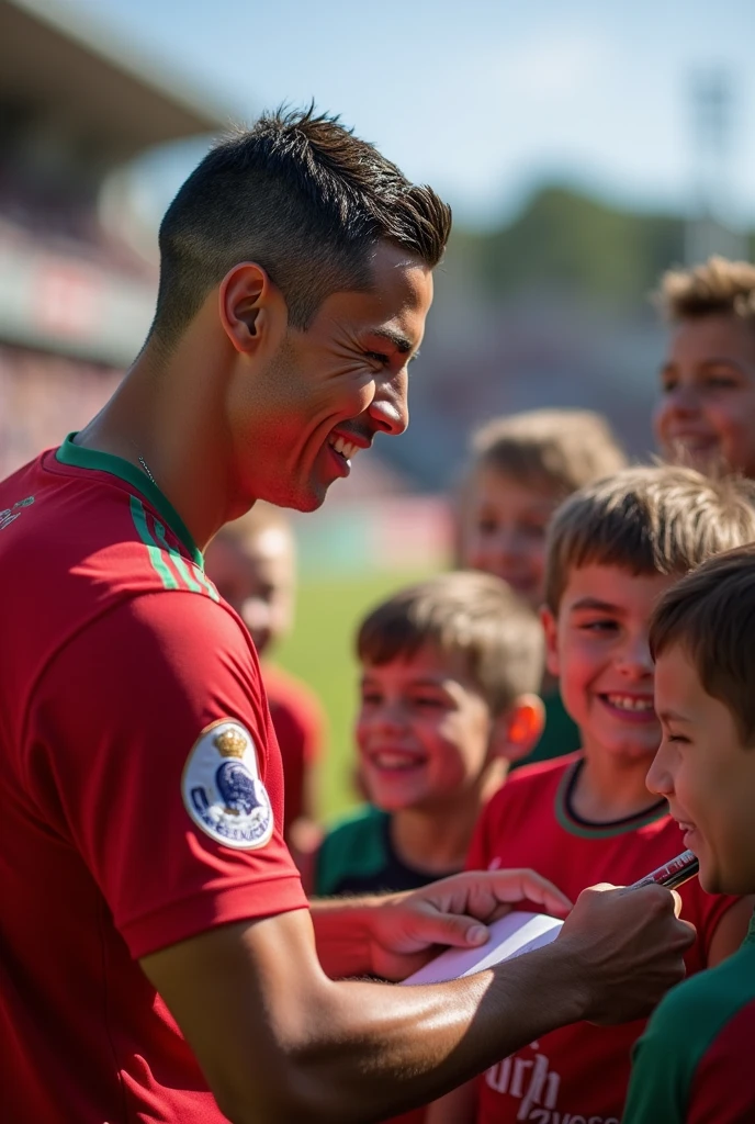 

**Ronaldo et les Enfants** :
   "Cristiano Ronaldo interagissant avec des enfants sur le terrain, leur signant des autographes et prenant des photos. Son visage est chaleureux et amical, montrant son côté accessible. Mots clés : Cristiano Ronaldo, enfants, interaction, accessible, sourire."