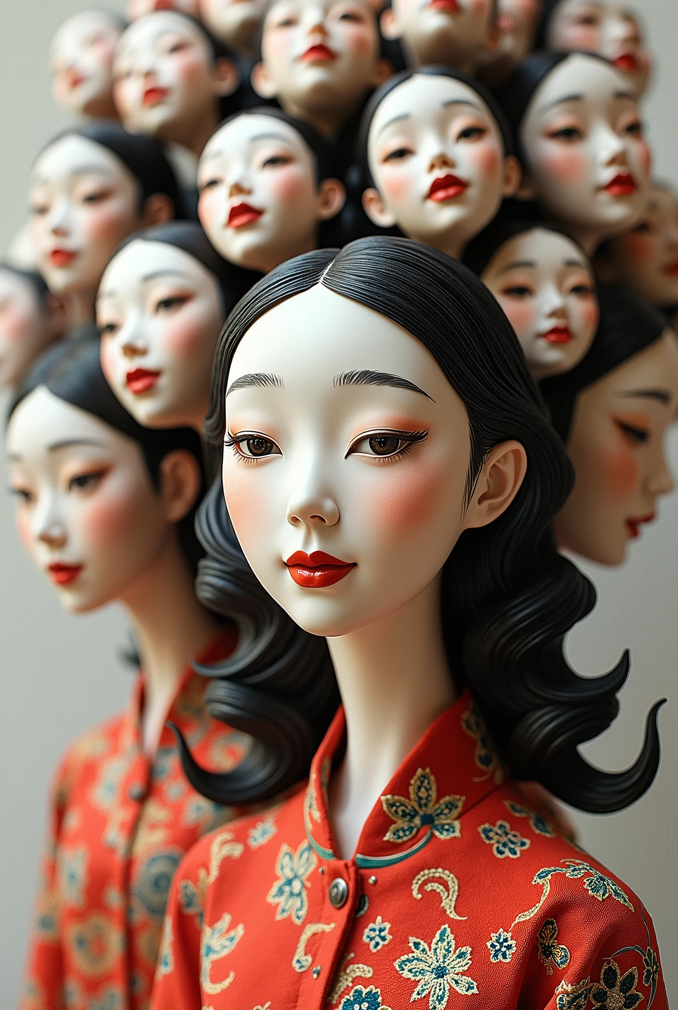 Expressionist artwork images of multiple floating ceramic heads of chinese women, 3d collage style, make it weird and gallery worthy