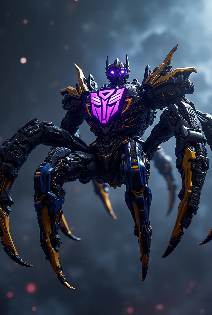 I want an image of a dark blue spider-shaped transformer with the Decepticon symbol on the chest in violet with Megatron&#39;s face, with yellow tentacles coming out of his waist and a golden mechanical tail , and that it has two blue and black mechanical legs variyech, flying through space and stars in the background 