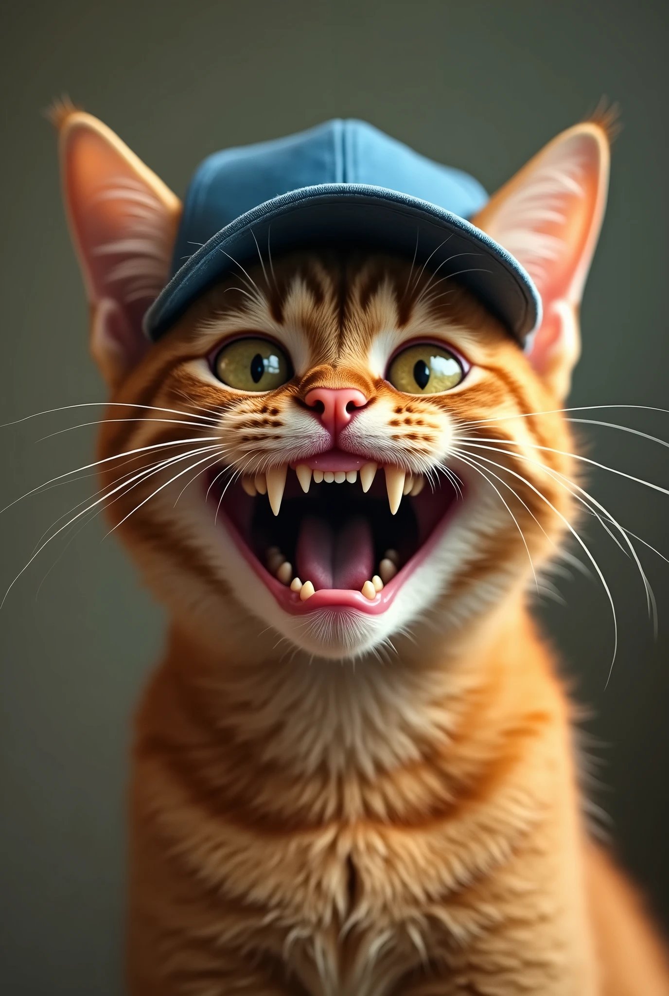 Create an image that depicts an orange cat with an exaggerated, almost cartoonish appearance. The orange cat is wearing a blue baseball cap backwards. Its eyes are very large and wide open, giving it a crazed or intense expression. The orange cat's teeth are prominently displayed in a wide, unsettling grin, with sharp, pointed canines that are more exaggerated than those of a typical cat. The overall look of the orange cat is somewhat humorous but also a bit unsettling, with a hyper-realistic yet distorted facial expression.