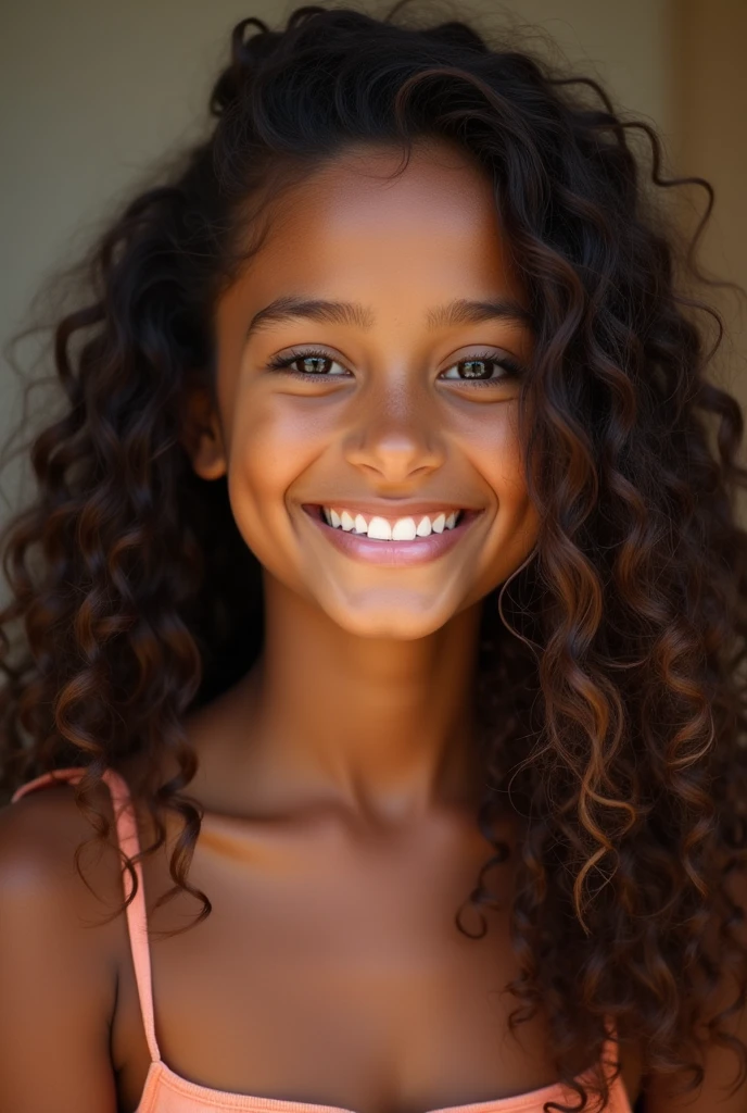 A girl with caramel skin and long curly hair, very pretty, smiling
