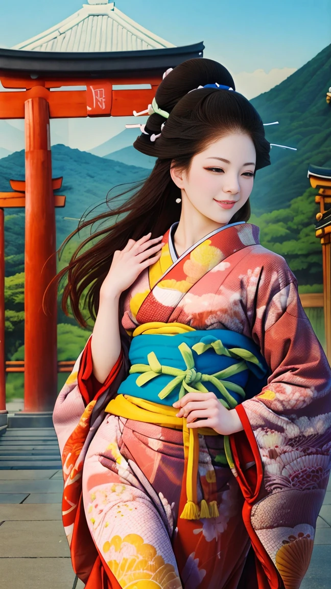 (SeaArt、I create amazing digital illustrations of beautiful women in kimonos)、Beautiful woman smiling and showing her upper white teeth、Vividly colored Ukiyo-e style illustrations、Brown-black long hair、Beautiful full body style、If you want to dance, Dance to the Tokyo Ondo, Good good、Beautiful new digital paintings,、 Bright and vibrant digital anime art、Beautiful anime portraits、Background、Torii gate of a Japanese shrine.、Detailed digital anime art、
