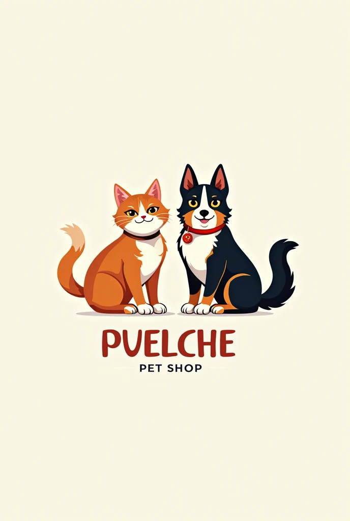 create a large image with six diferent logos for a pet food for dogs and cats store, use vibrant but elegant colors combination, the company is called Puelche pet shop, put both a cat and a dog into the logo, make whatever you think is better to create 6 amazing logos, please try one different font family for each logo
