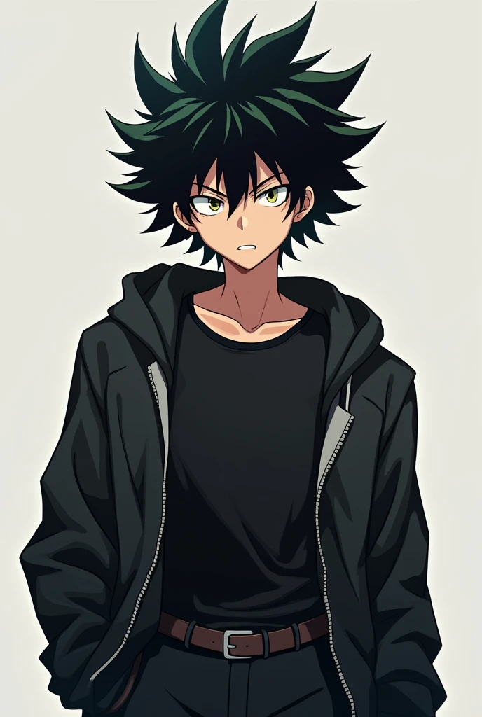 Male character type boku no hero with black and messy hair with a small bun in the back dressed in a tight black t-shirt and a black jacket on top and black pants