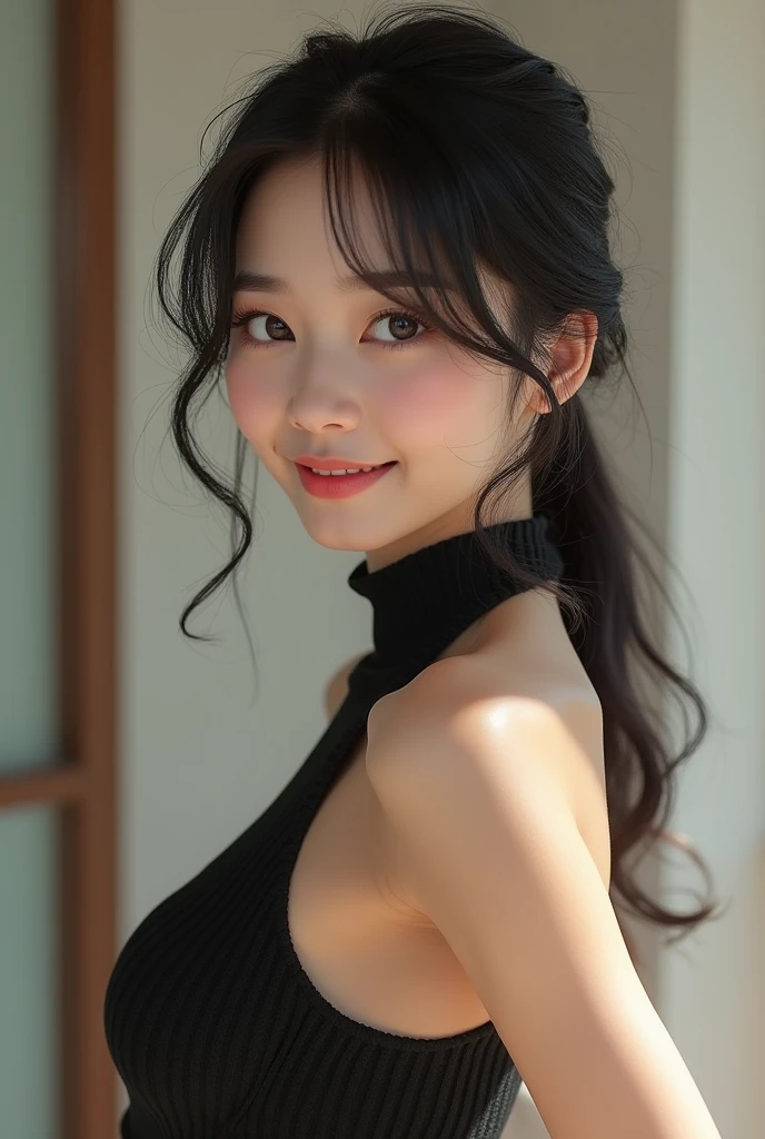 (Highest quality、4K、8k、High resolution、masterpiece:1.2)、Very detailed、(Genuine、Realistic、Realistic:1.3)、japanese women、smile、Large Breasts、backless High neck sleeveless knit dress、side boob、virgin killer sweater