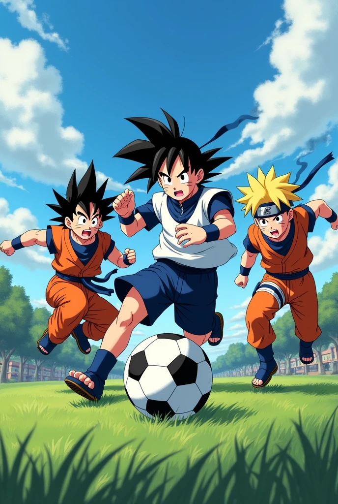 Goku,Vegeta,Naruto and Sasuke playing soccer