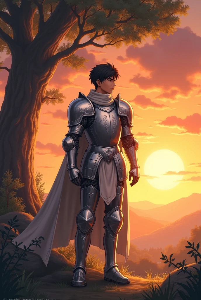 (Anime.1:2) Handsome young knight with silver armor and short black hair. Clive, sunset, tree,