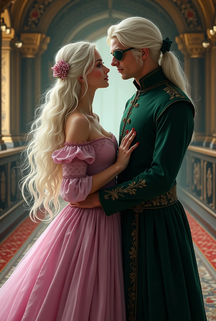 Create a very beautiful young girl with long, curly, platinum blonde hair/white and she has violet eyes and she will be wearing a pink velvet medieval dress, she will be with a man, a tall handsome young man with long straight platinum hair and he wears an eye patch and he will be wearing a dark green medieval outfit and they are together in a castle hallway 