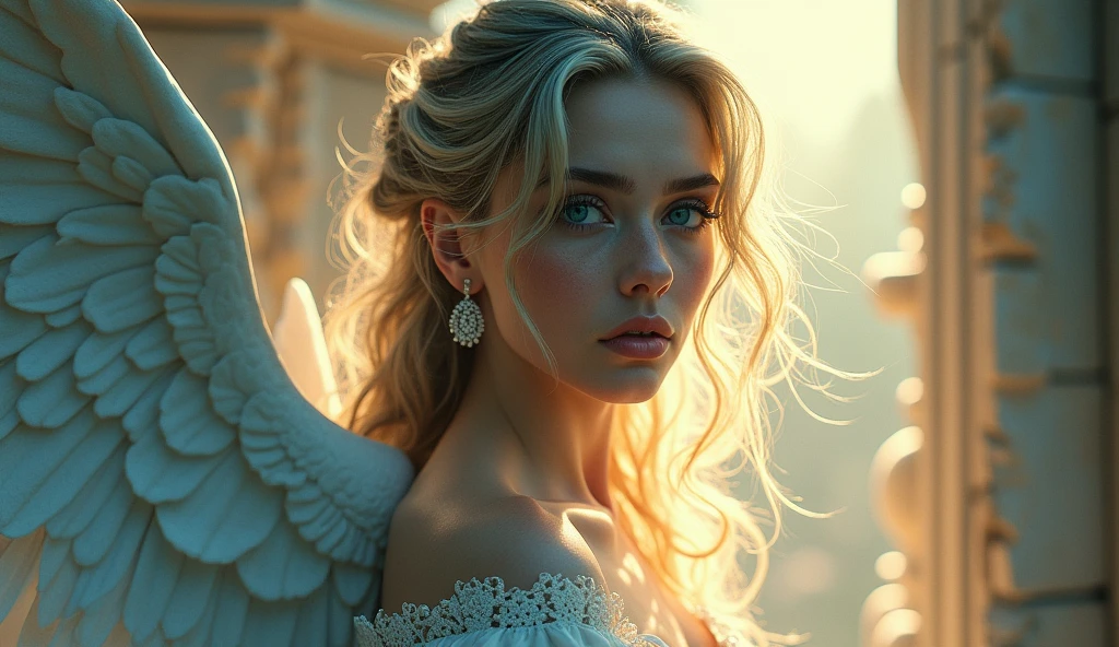 Detailed face,beautiful目,Detailed lips,Long eyelashes,Elegant woman,Detailed clothing,Complex background,Amazing architecture,Dramatic lighting,Structure of the film,壮大なFantasy,Ethereal atmosphere,Shining Aura,Vibrant colors,Realistic,8k,masterpiece、Angel、beautiful、Fantasy、Long Hair, blue eyes, Earrings, tears, spiritual