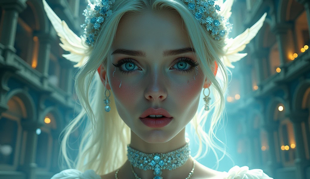 Detailed face,beautiful目,Detailed lips,Long eyelashes,Elegant woman,Detailed clothing,Complex background,Amazing architecture,Dramatic lighting,Structure of the film,壮大なFantasy,Ethereal atmosphere,Shining Aura,Vibrant colors,Realistic,8k,masterpiece、Angel、beautiful、Fantasy、Long Hair, blue eyes, Earrings, tears, spiritual