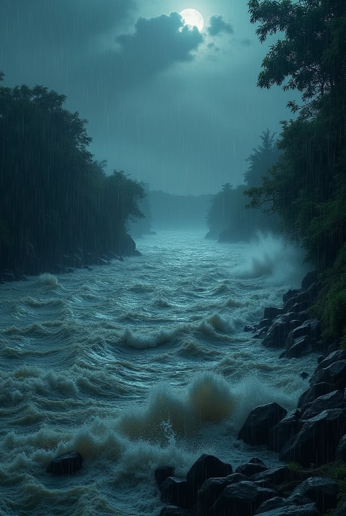 Heavy rain The water of the Yamuna was in great turbulence, a scene from a dark night