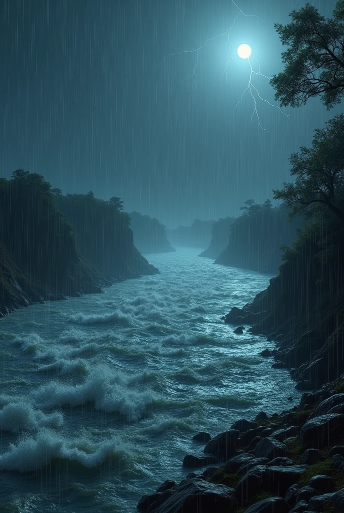 Heavy rain The water of the Yamuna was in great turbulence, a scene from a dark night