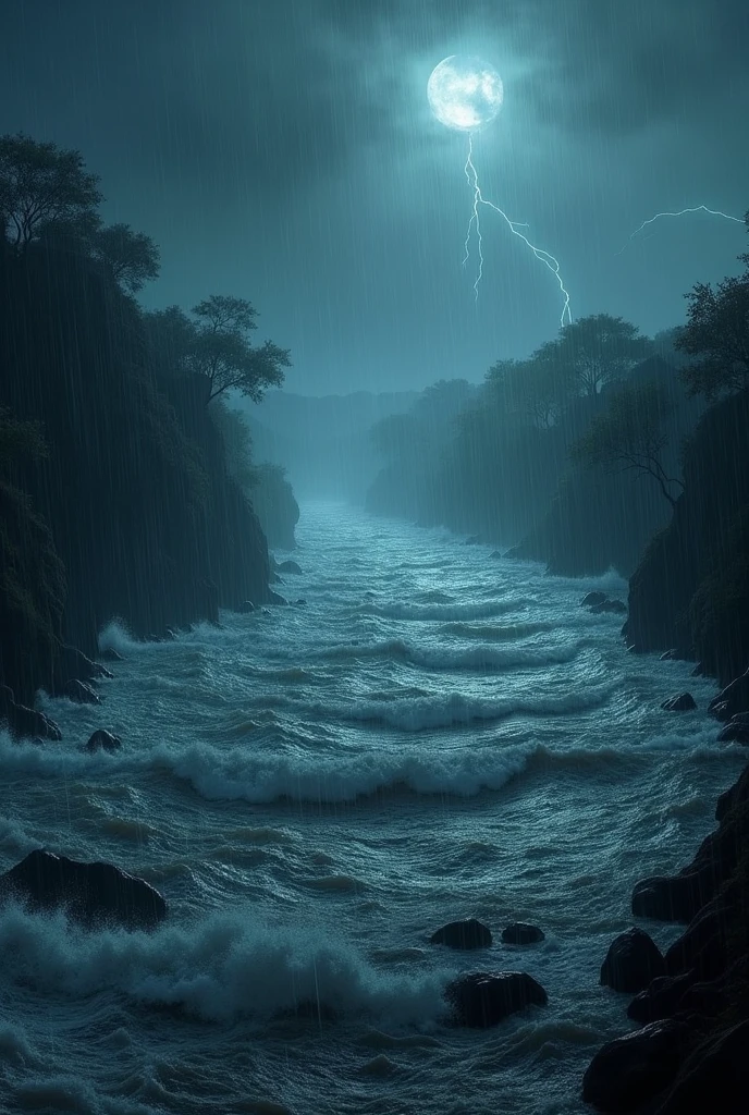 Heavy rain The water of the Yamuna was in great turbulence, a scene from a dark night