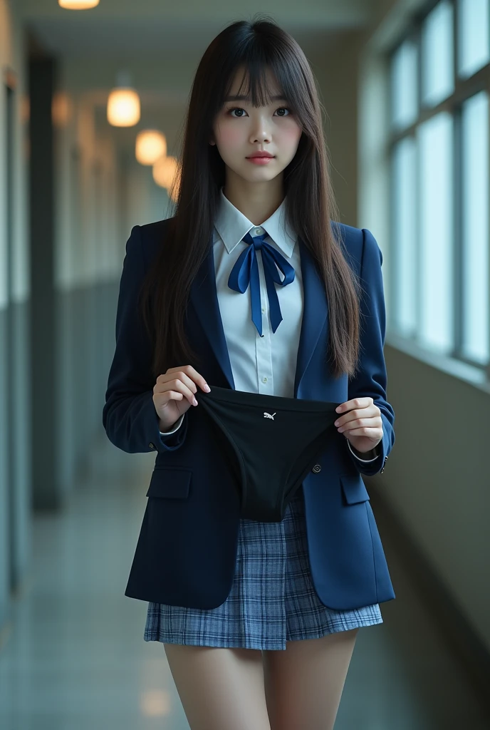Ultra-realistic, Wide Shot, 1. woman, Japanese Teen, Straight Long Hair, big, Sharp eyes shine brightly, Long eyelashes, A navy blue blazer uniform with a blue ribbon tie over a white dress shirt, Blue Checkered Mini Skirt, White calf socks and white sneakers, Holding black Puma underwear、, Chiaki Kuriyama, Gogo Yubari, Kill Bill, indoor, Bokeh effect, Written boundary depth, Ultra-realistic, Professional photography, Cinema Lighting