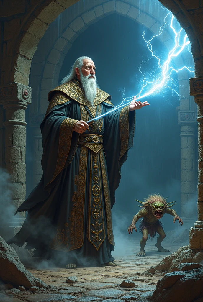 A wizard shooting a blast of lightning from his wand, the lightning blast hits a goblin, in the middle of a dungeon, RPG, fancy