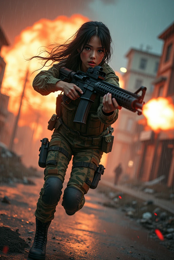 Photo-realistic, ultra-realistic, (very beautiful Japanese, famous Japanese idol:1.3), (Fully equipped for battle:1.5), holding m4a1 large assault rifle, (amazing view of massive explosion:1), (she is very scared and crying:1), (wearing an army soldier's Camouflage outfits with military helmet:1.5), (at a battle field of Abandoned Building at night), very large breasts, (tactical vest, military harness:1.3), (military long boots:1), acrobatic pose, Fighting urban warfare, dynamic angle, spectacular, Nimble movements, Sharp turns, (aim and shoot:1.3), bloodstained wears, injured, rain, at night