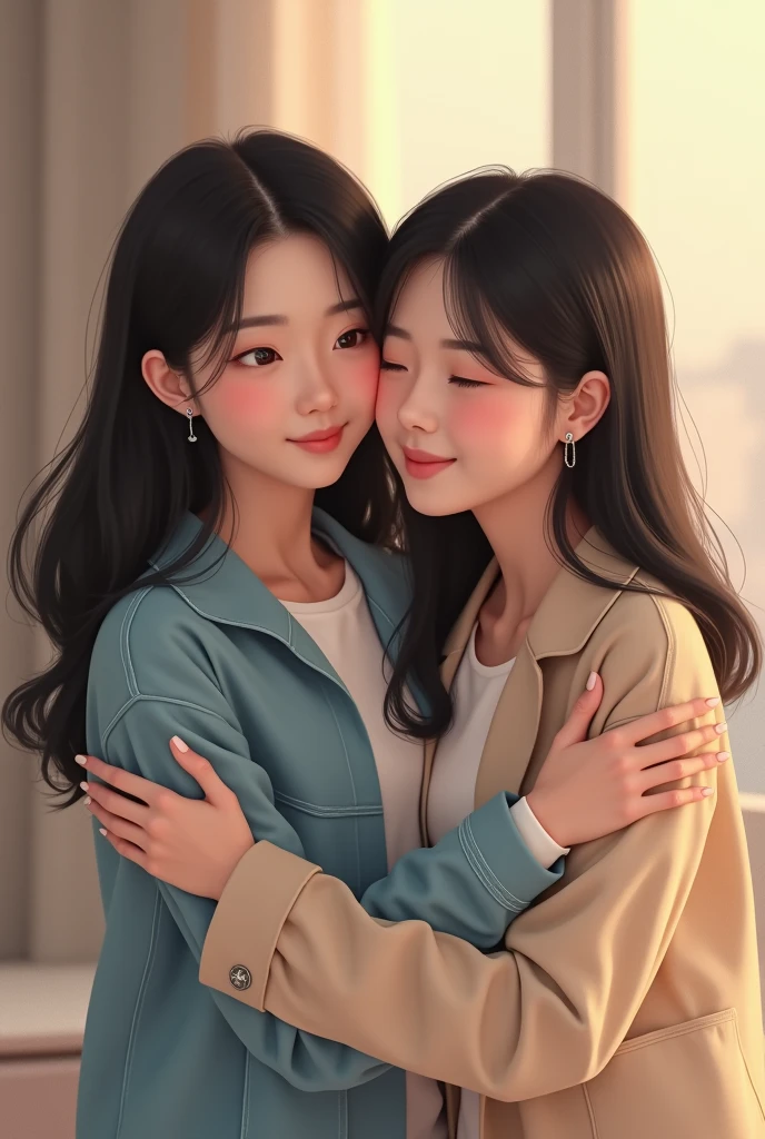Two Korean women hugging each other from the side