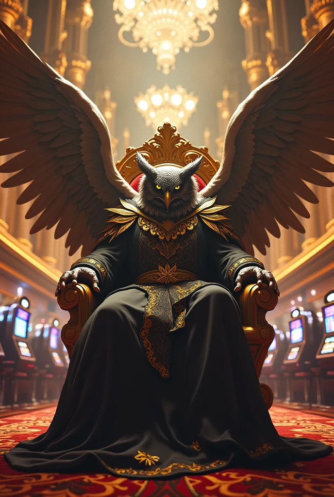 Owlman in a giant casino sitting on a throne 8k