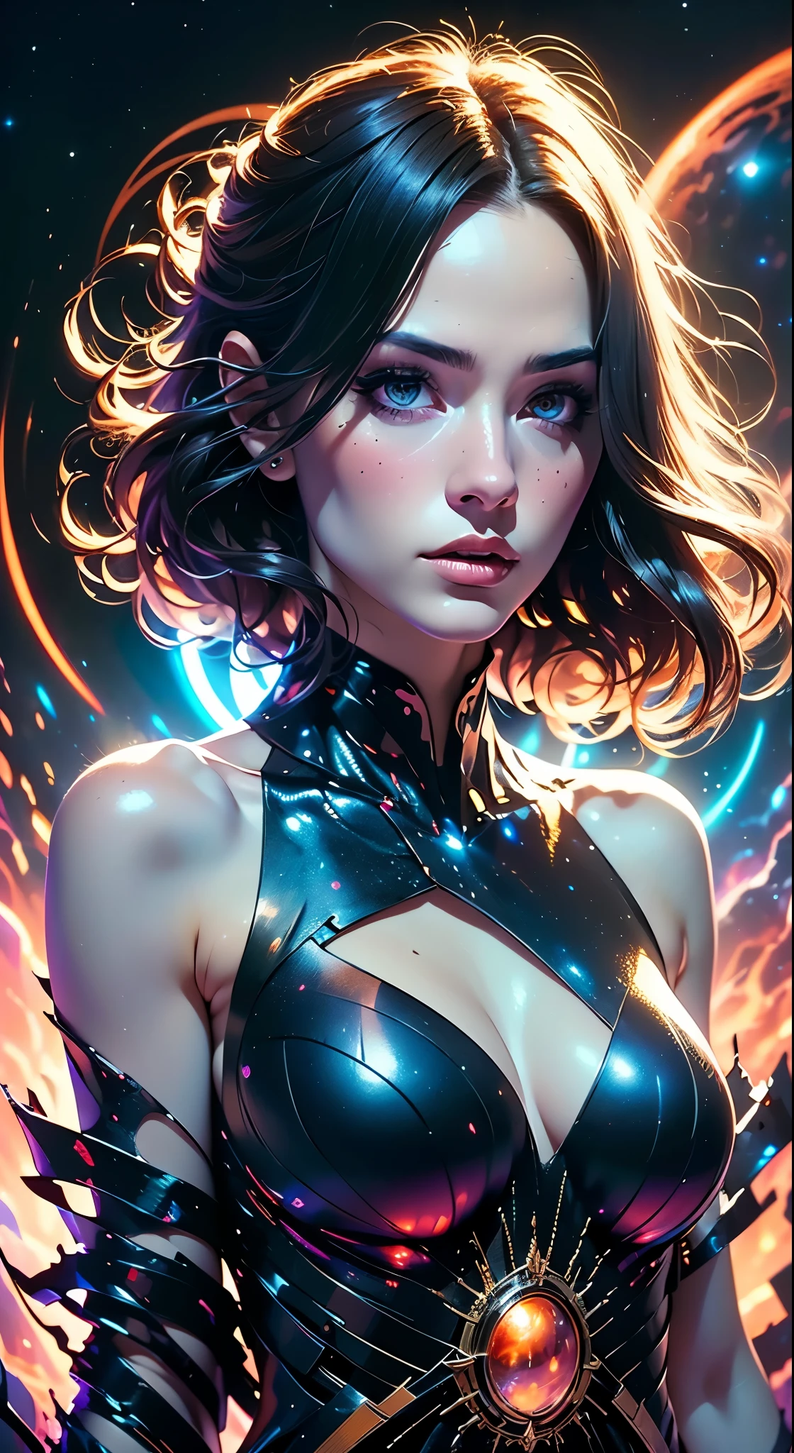 (masterpiece, best quality, highres, high resolution:1.2), extremely detailed, realistic, intricate details, 1girl, solo, looking at viewer, (abstract art:1.3), (dark theme:1.2), art, stylized, deep shadow, dark theme, cosmic dress, cosmic beauty, in space, nebula, (cinematic lighting, bloom, volumetric),