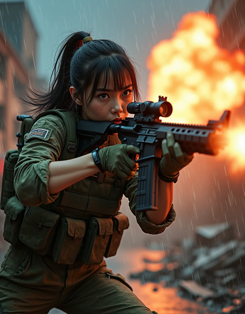 Photo-realistic, ultra-realistic, (very beautiful Japanese, famous Japanese idol:1.3), (Fully equipped for battle:1.5), holding m4a1 large assault rifle, (amazing view of massive explosion:1), (she is very scared and crying:1), (wearing an army soldier's Camouflage outfits with military helmet:1.5), (at a battle field of Abandoned Building at night), very large breasts, (tactical vest, military harness:1.3), (military long boots:1), acrobatic pose, Fighting urban warfare, dynamic angle, spectacular, Nimble movements, Sharp turns, (aim and shoot:1.3), bloodstained wears, injured, rain, at night