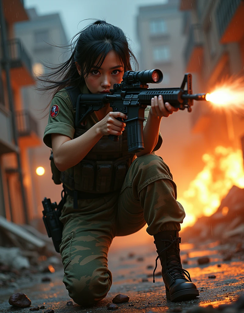 Photo-realistic, ultra-realistic, (very beautiful Japanese, famous Japanese idol:1.3), (Fully equipped for battle:1.5), holding m4a1 large assault rifle, (amazing view of massive explosion:1), (she is very scared and crying:1), (wearing an army soldier's Camouflage outfits with military helmet:1.5), (at a battle field of Abandoned Building at night), very large breasts, (tactical vest, military harness:1.3), (military long boots:1), acrobatic pose, Fighting urban warfare, dynamic angle, spectacular, Nimble movements, Sharp turns, (aim and shoot:1.3), bloodstained wears, injured, rain, at night