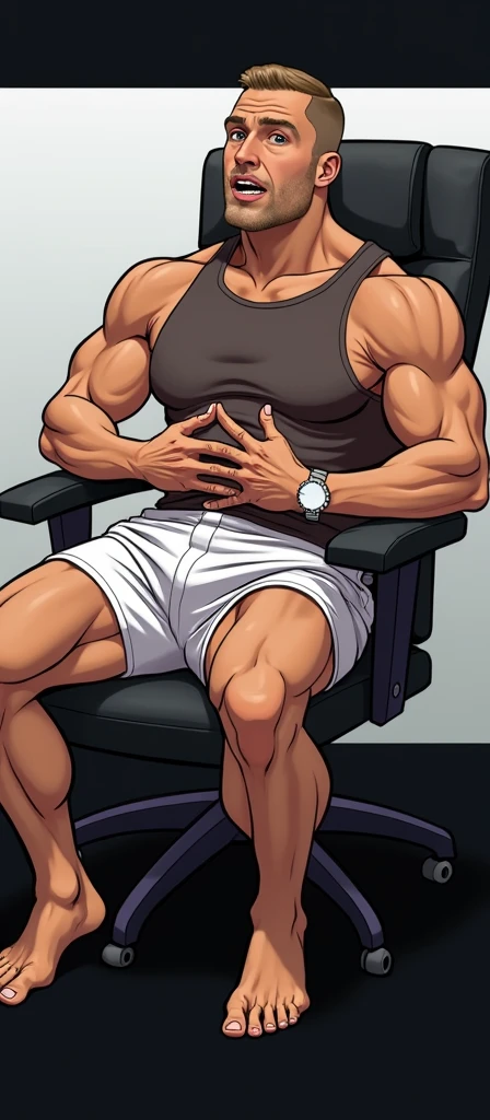 A muscular man sitting on a chair masturbating