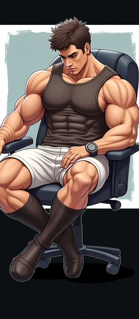 A muscular man sitting on a chair masturbating