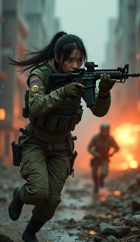 Photo-realistic, ultra-realistic, (very beautiful Japanese, famous Japanese idol:1.3), (Fully equipped for battle:1.5), holding m4a1 large assault rifle, (amazing view of massive explosion:1), (she is very scared and crying:1), (wearing an army soldier's Camouflage outfits with military helmet:1.5), (at a battle field of Abandoned Building at night), very large breasts, (tactical vest, military harness:1.3), (military long boots:1), acrobatic pose, Fighting urban warfare, dynamic angle, spectacular, Nimble movements, Sharp turns, (aim and shoot:1.3), bloodstained wears, injured, rain, at night