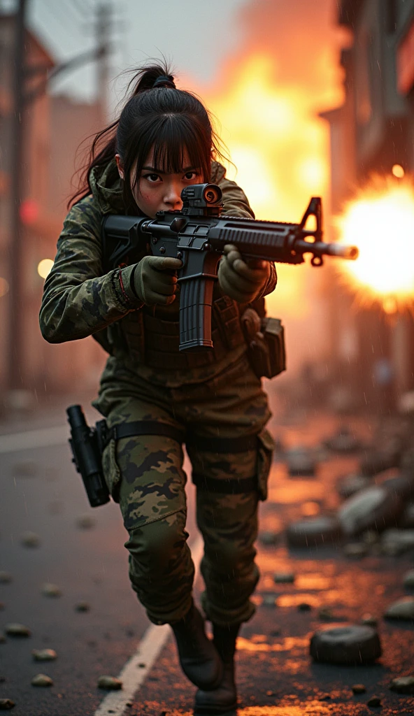 Photo-realistic, ultra-realistic, (very beautiful Japanese, famous Japanese idol:1.3), (Fully equipped for battle:1.5), holding m4a1 large assault rifle, (amazing view of massive explosion:1), (she is very scared and crying:1), (wearing an army soldier's Camouflage outfits with military helmet:1.5), (at a battle field of Abandoned Building at night), very large breasts, (tactical vest, military harness:1.3), (military long boots:1), acrobatic pose, Fighting urban warfare, dynamic angle, spectacular, Nimble movements, Sharp turns, (aim and shoot:1.3), bloodstained wears, injured, rain, at night