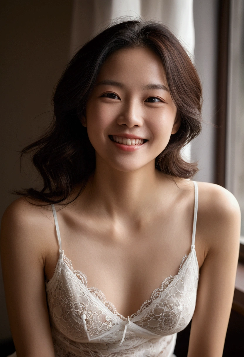 Beautiful 1 woman。she is wearing a camisole。Lace on the chest and hem.。She looks ecstatic as if she had an orgasm during sex..。her dark brown hair、、her hair is long。High resolution、masterpiece、highest quality、Head w:1.0、((Hasselblad Photos))、fine skin、fine knit、(movie lighting)、clavicle . she has her eyes closed but is smiling.