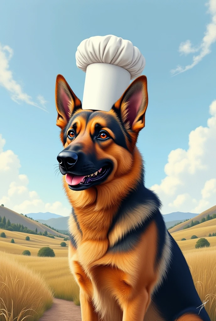 A realistic drawing of a smiling German Shepherd dog with a chefs hat looking at the horizon 